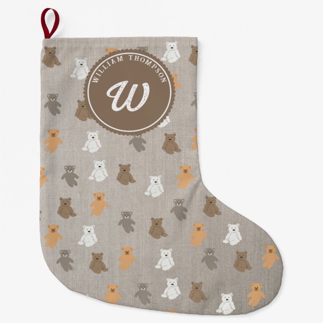 Cute Bear Pattern Initial Monogram Large Christmas Stocking (Front)