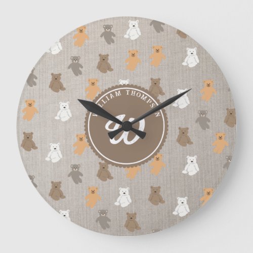 Cute Bear Pattern Initial Monogram Large Clock
