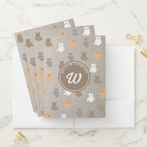 Cute Bear Pattern Initial Monogram Pocket Folder