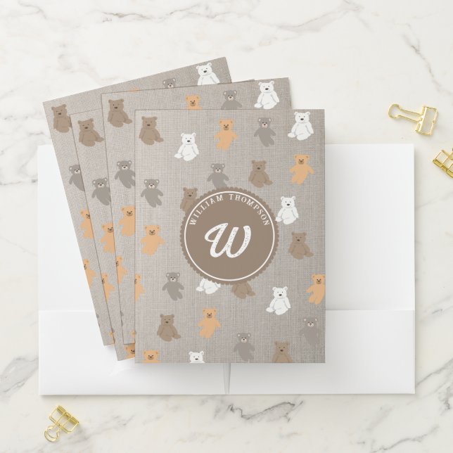 Cute Bear Pattern Initial Monogram Pocket Folder (In Situ)