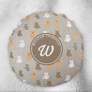Cute Bear Pattern Initial Monogram Round Pillow