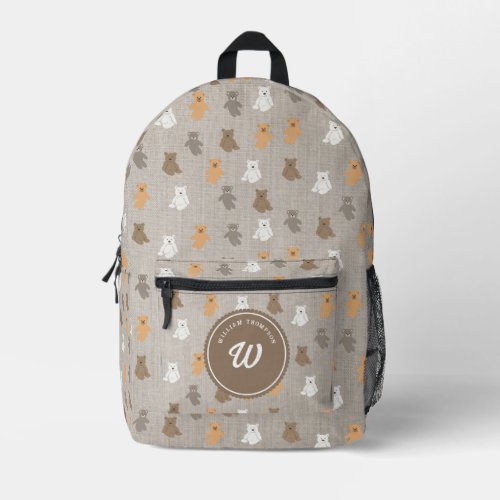 Cute Bear Pattern Initial Monogram School Printed Backpack