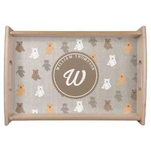 Cute Bear Pattern Initial Monogram Serving Tray