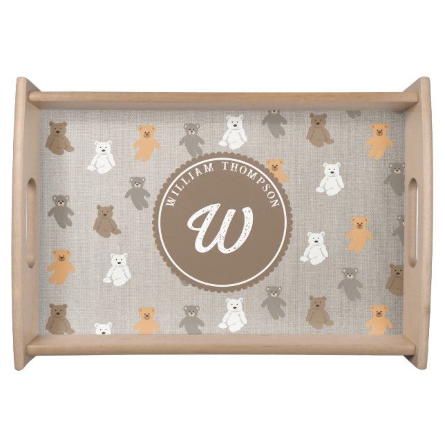 Cute Bear Pattern Initial Monogram Serving Tray (Front)