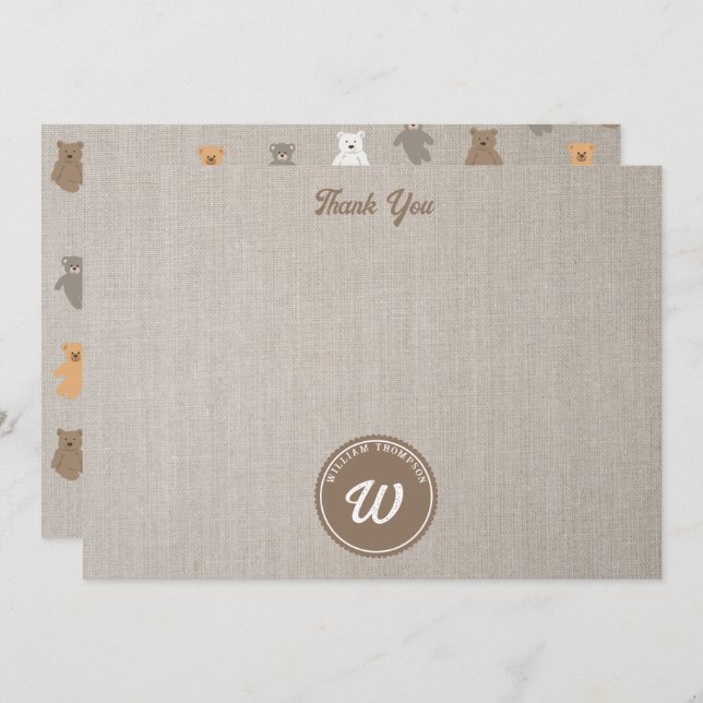 Cute Bear Pattern Initial Monogram Thank You Card (Front/Back)