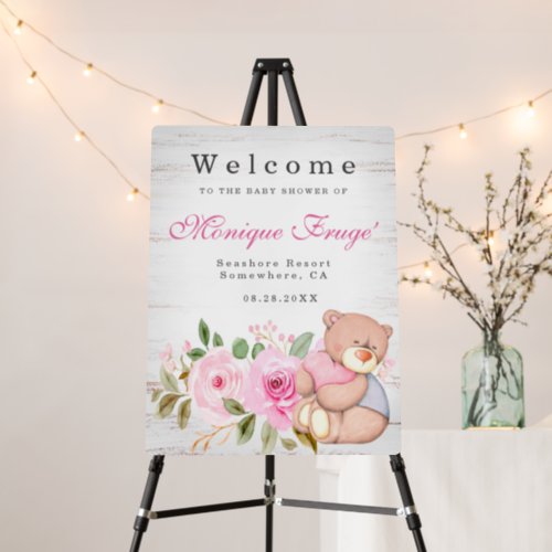 Cute Bear Peony Girl Baby Shower Welcome Sign