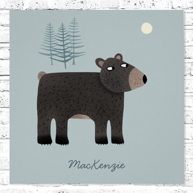 Cute Bear Personalized Poster (Personalized cute bear, moon and woodland forest poster)