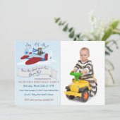 Cute Bear Pilot n Airplane First Birthday Party Invitation (Standing Front)