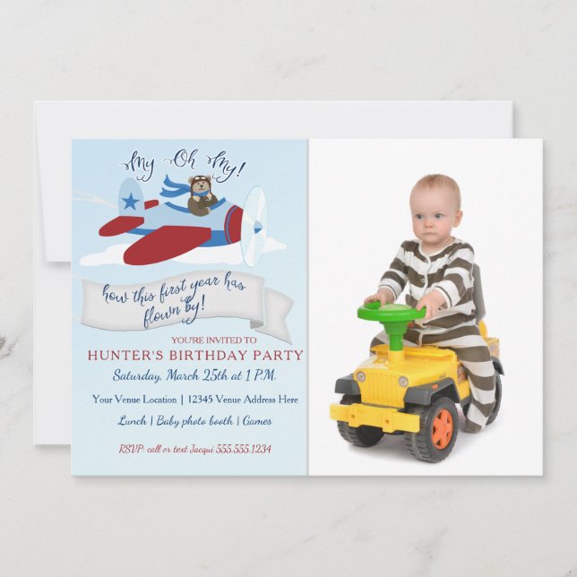Cute Bear Pilot n Airplane First Birthday Party Invitation (Front)