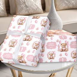 Cute Bear Pink 1st Birthday Name Wrapping Paper