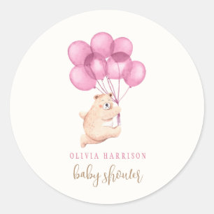 Cute Bear Pink Balloon Baby Shower Classic Round Sticker