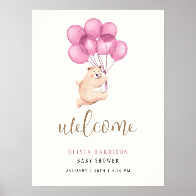 Cute Bear Pink Balloon Baby Shower Welcome Sign (Front)