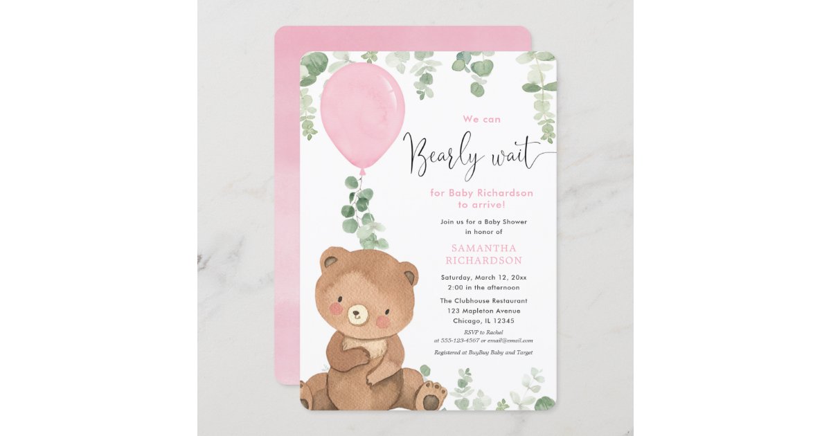 Cute bear pink balloon greenery girl baby shower invitation | Zazzle