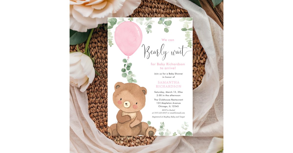 Cute bear pink balloon greenery girl baby shower invitation | Zazzle
