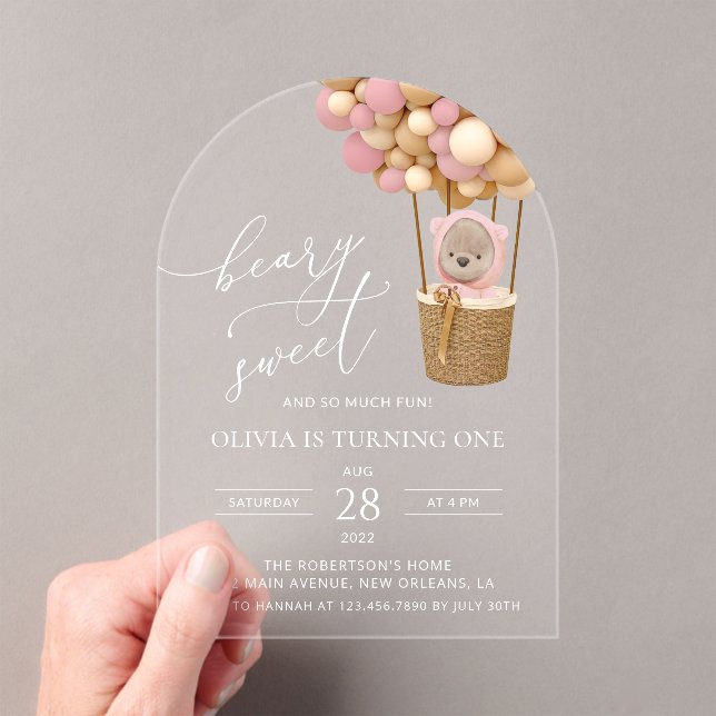 Cute Bear, Pink Balloons, First Birthday Acrylic Invitations (Insitu (Handheld))