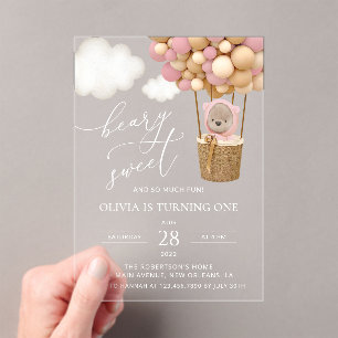 Cute Bear, Pink Balloons, First Birthday Acrylic Invitations