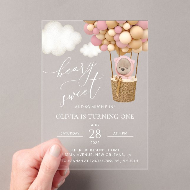 Cute Bear, Pink Balloons, First Birthday Acrylic Invitations (Insitu (Handheld))