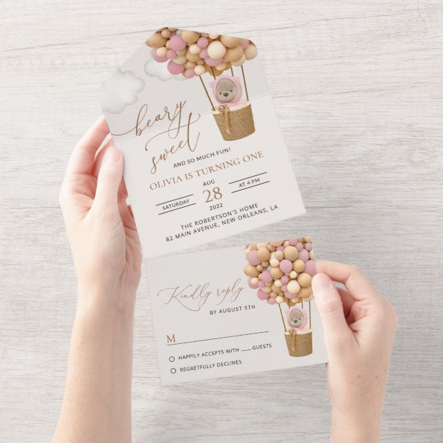 Cute Bear, Pink Balloons, First Birthday All In One Invitation (Tearaway)