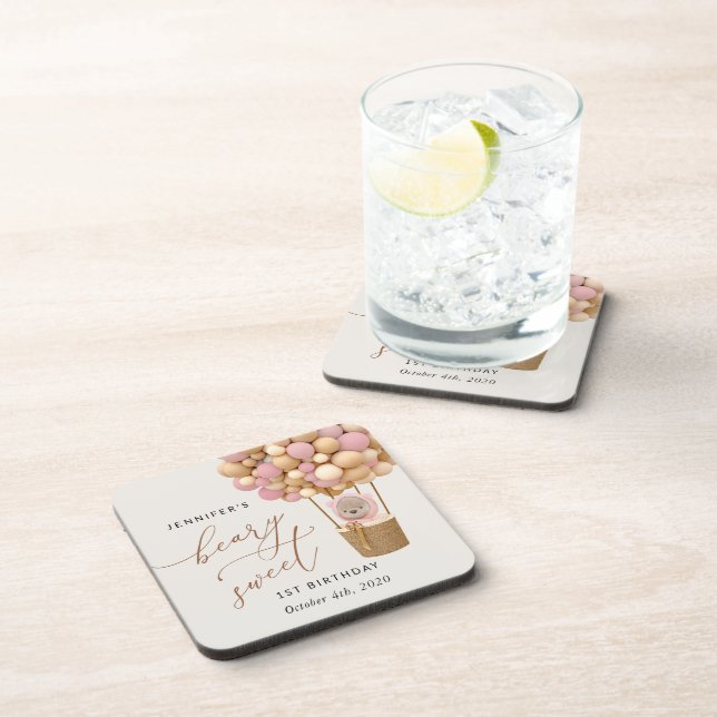 Cute Bear, Pink Balloons, First Birthday Beverage Coaster (Right Side)
