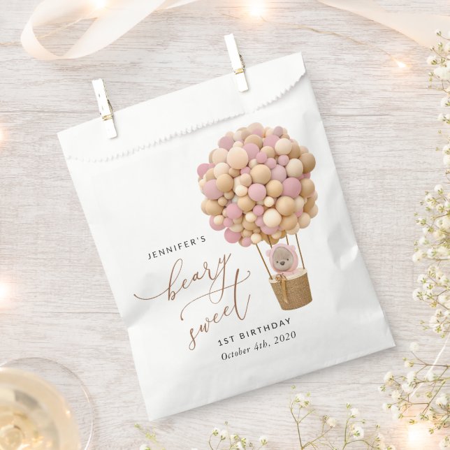 Cute Bear, Pink Balloons, First Birthday Favor Bag (Clipped)
