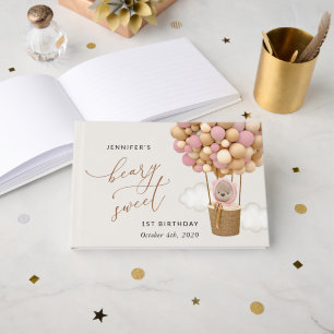 Cute Bear, Pink Balloons, First Birthday Guest Book