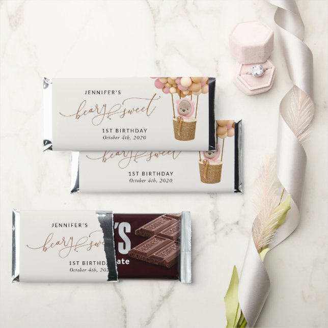 Cute Bear, Pink Balloons, First Birthday Hershey Bar Favors (Front)