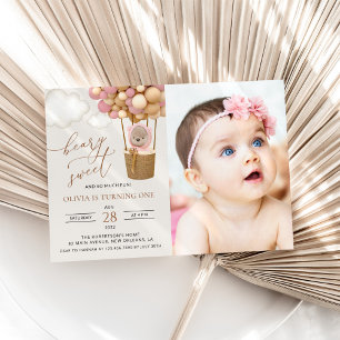 Cute Bear, Pink Balloons, First Birthday Invitation