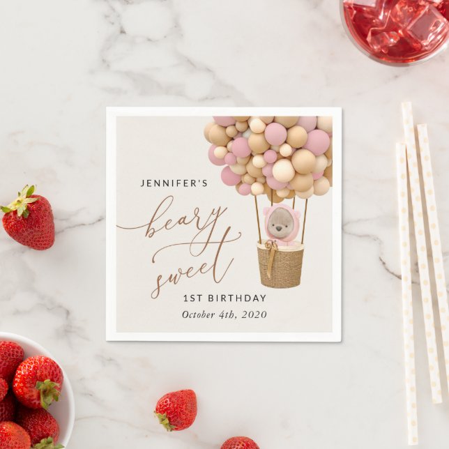 Cute Bear, Pink Balloons, First Birthday Napkins (Insitu)