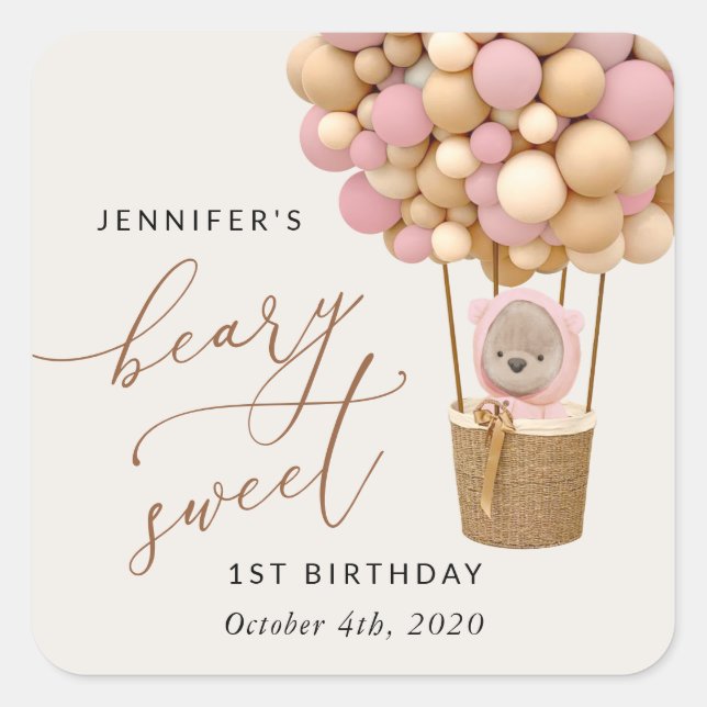 Cute Bear, Pink Balloons, First Birthday Square Sticker (Front)
