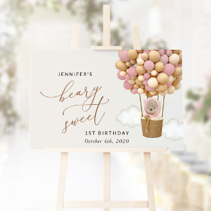 Cute Bear, Pink Balloons, First Birthday Welcome Sign
