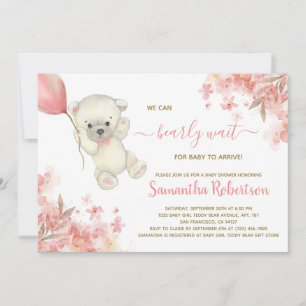 Cute Bear Pink Floral Balloon Girl Baby Shower  Invitation