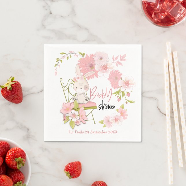 Cute Bear Pink Florals Girl Baby Shower Napkins (Insitu)