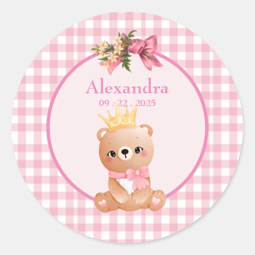 Cute Bear Pink Gingham Girls Birthday Classic Round Sticker