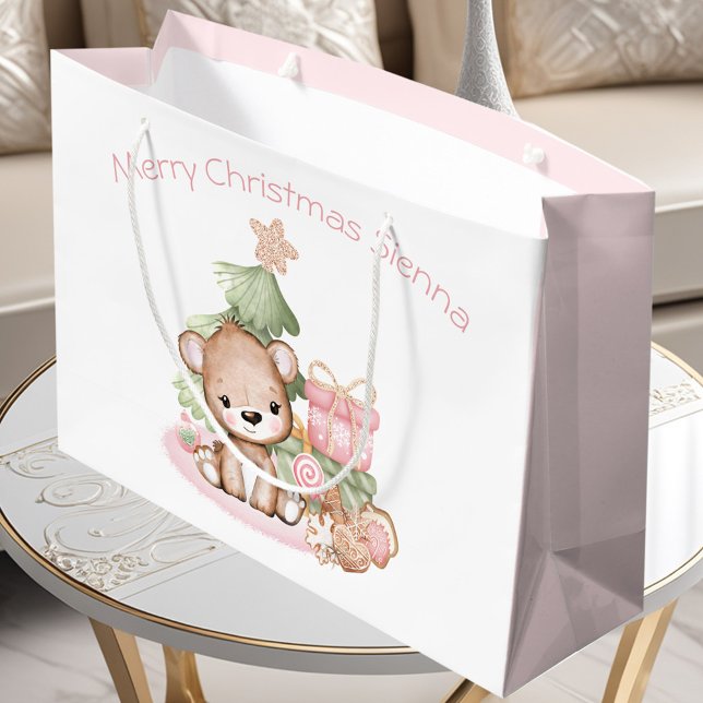Cute Bear Pink Girl Custom Name Christmas  Large Gift Bag (Cute Bear Pink Girl Custom Name Christmas Large Gift Bag)