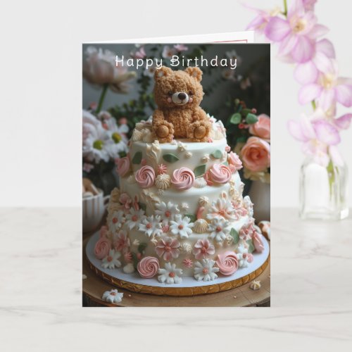 Cute Bear Pink Roses White Daisies Happy Birthday  Card