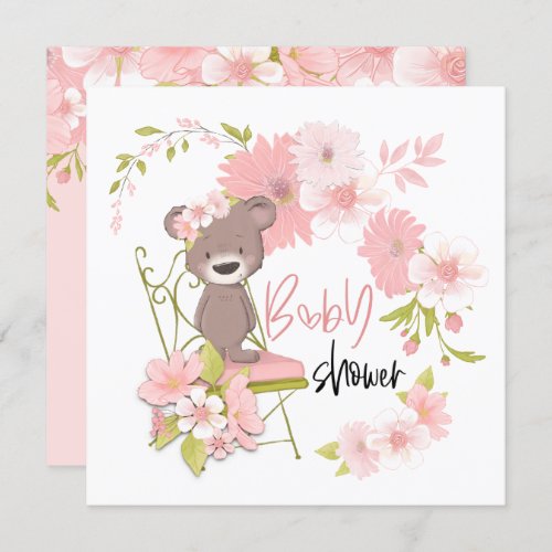Cute Bear Pink White Florals Girl Baby Shower Invitation