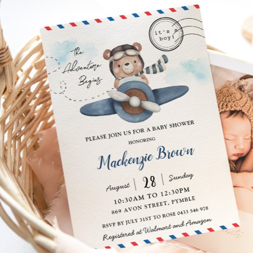 Cute Bear Plane Adventure Begins Boy Baby Shower  Invitation