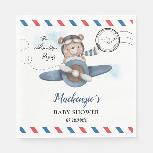 Cute Bear Plane Adventure Begins Boy Baby Shower  Napkins