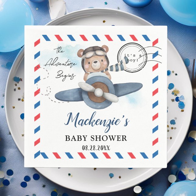 Cute Bear Plane Adventure Begins Boy Baby Shower  Napkins (cute bear riding a blue plane postcard style postmark adventure begins baby shower birthday napkins)