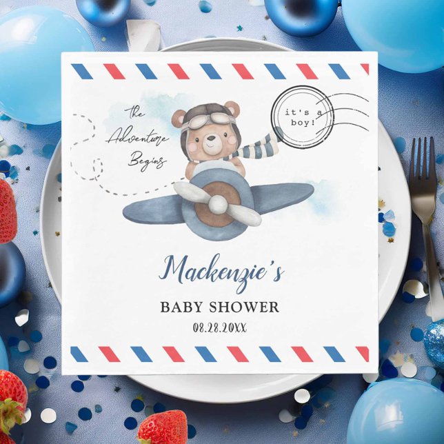 Cute Bear Plane Adventure Begins Boy Baby Shower  Napkins (cute teddy bear blue airplane adventure begins postcard style postmark baby shower birthday napkins)