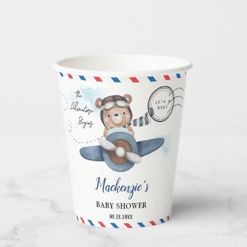 Cute Bear Plane Adventure Begins Boy Baby Shower  Paper Cups