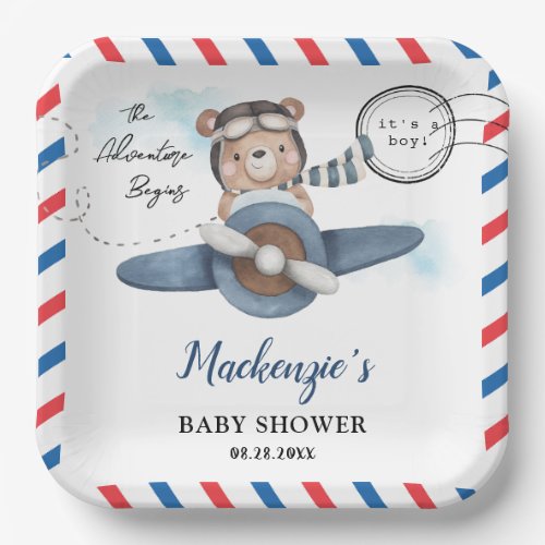 Cute Bear Plane Adventure Begins Boy Baby Shower  Paper Plates