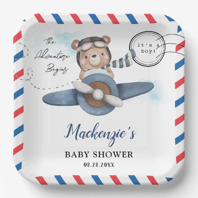 Cute Bear Plane Adventure Begins Boy Baby Shower  Paper Plates (Front)