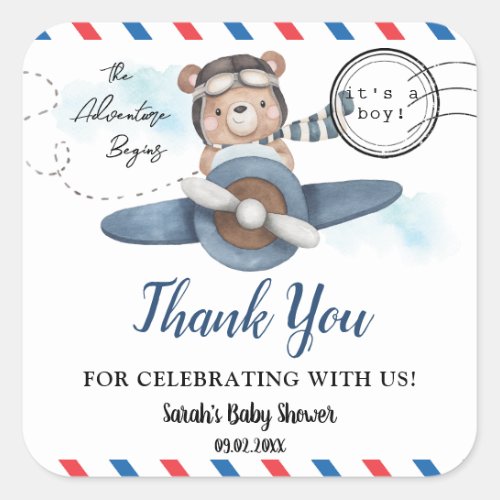 Cute Bear Plane Adventure Begins Boy Baby Shower  Square Sticker