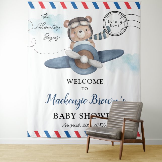 Cute Bear Plane Adventure Begins Boy Baby Shower Tapestry (In Situ)