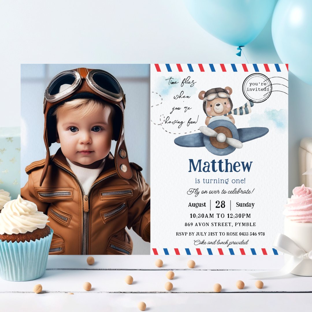 Cute Bear Plane Time Flies One 1st Birthday Photo                    Invitation