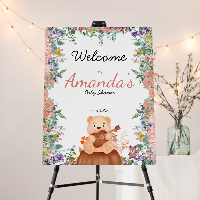 Cute Bear play guitar floral Welcome baby shower Foam Board (In Situ (Stand))