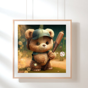 Cute Bear playing Baseball Personalized Poster
