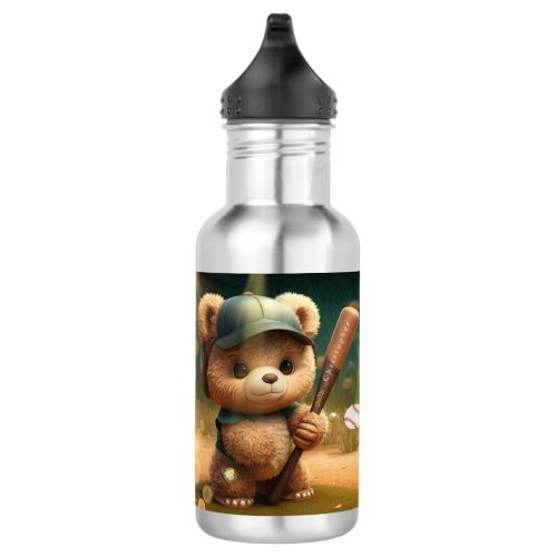 Cute Bear playing Baseball Personalized  Stainless Steel Water Bottle