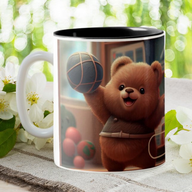 Cute Bear playing Basketball Art Personalized Two-Tone Coffee Mug (Creator Uploaded)